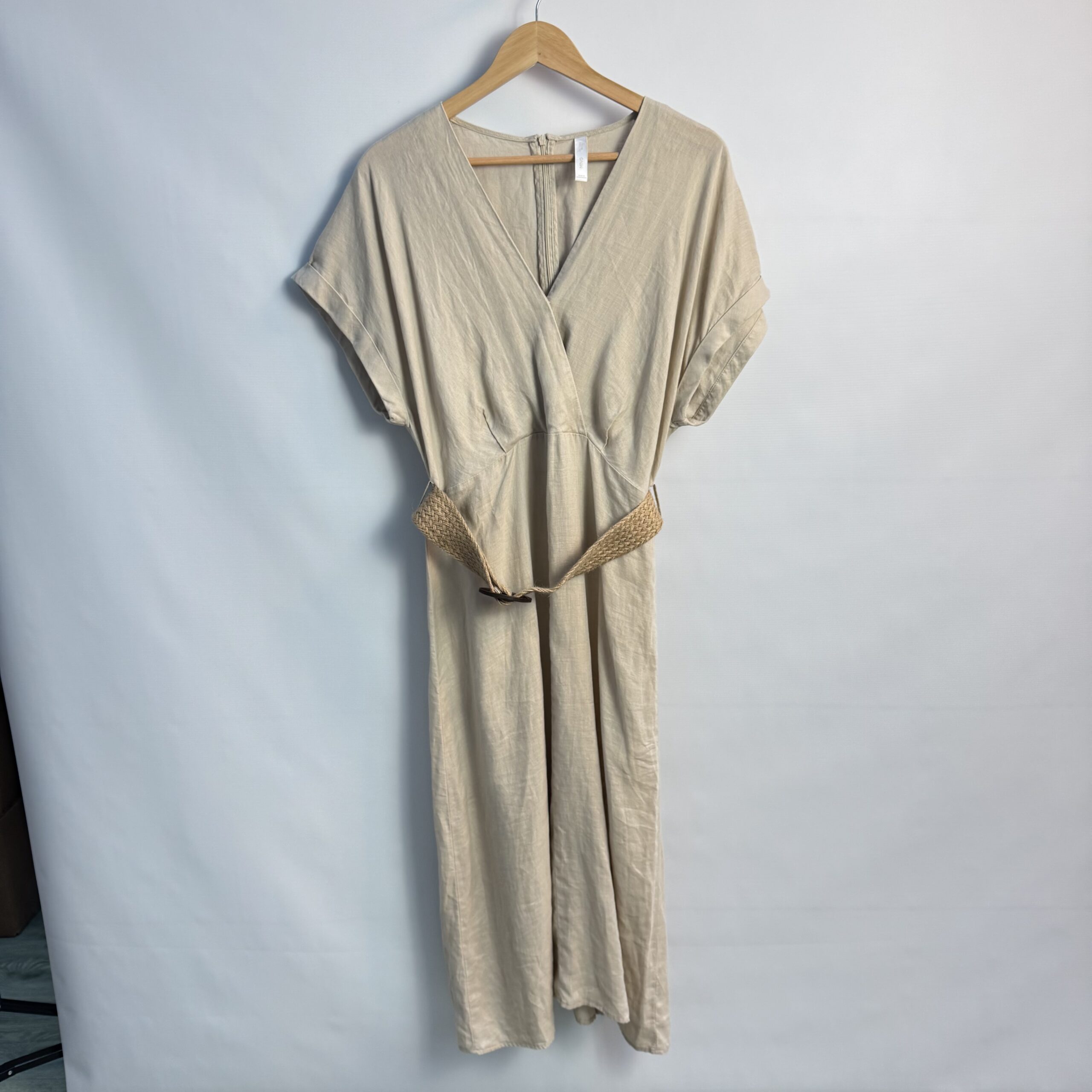 MNG Mango Beige Linen Blend Midi Dress UK 12 Belted V-Neck Neutral Occasion