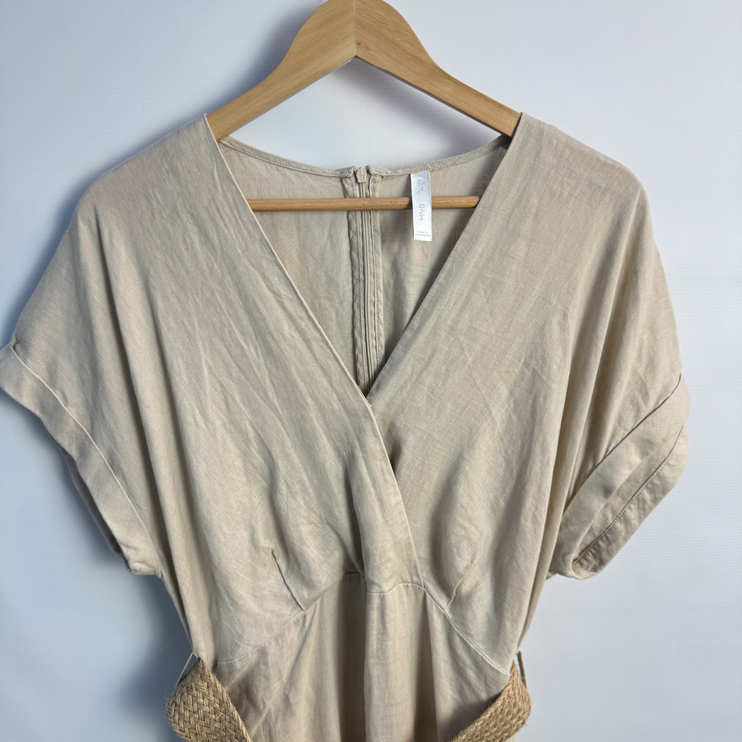MNG Mango Beige Linen Blend Midi Dress UK 12 Belted V-Neck Neutral Occasion - Image 3