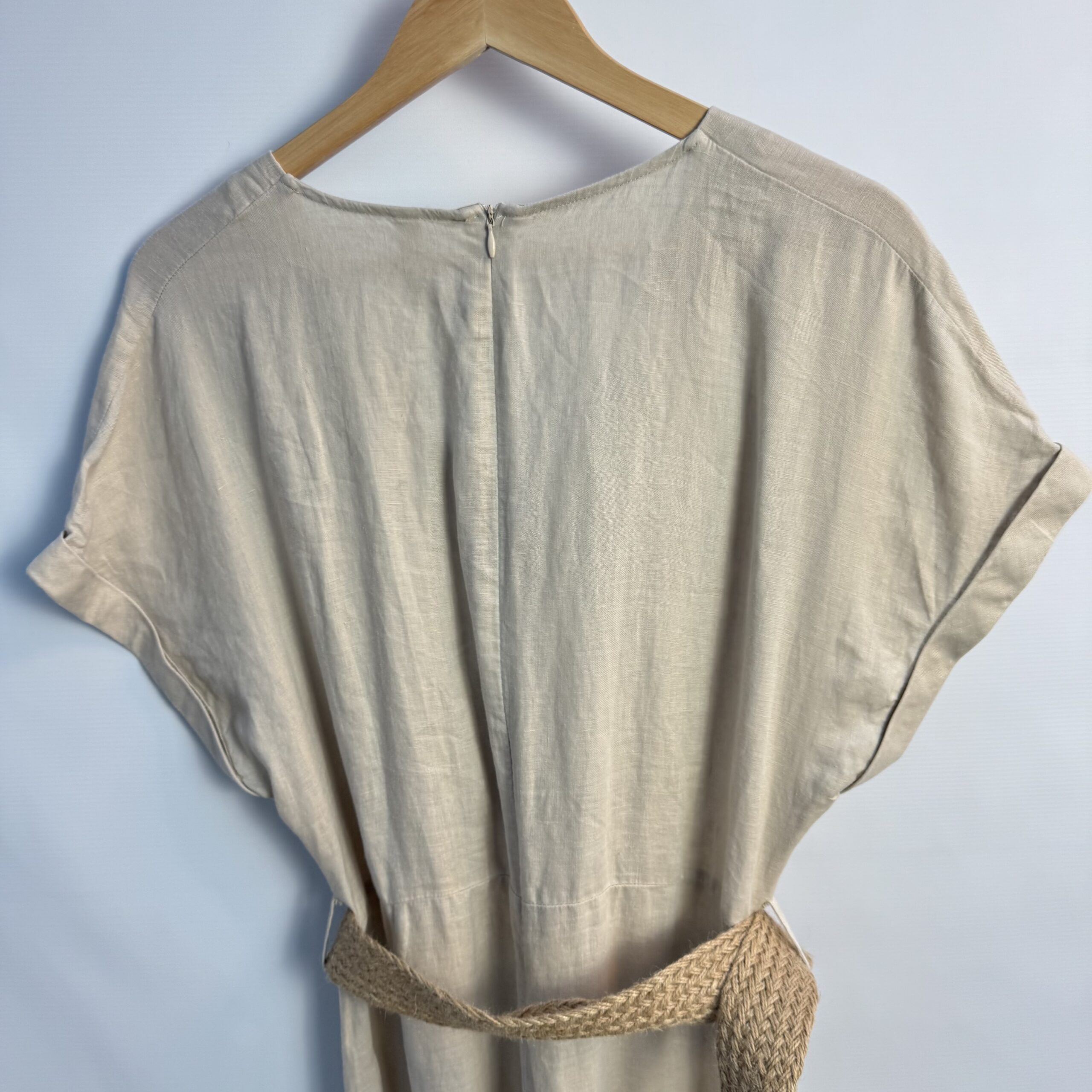 MNG Mango Beige Linen Blend Midi Dress UK 12 Belted V-Neck Neutral Occasion - Image 4