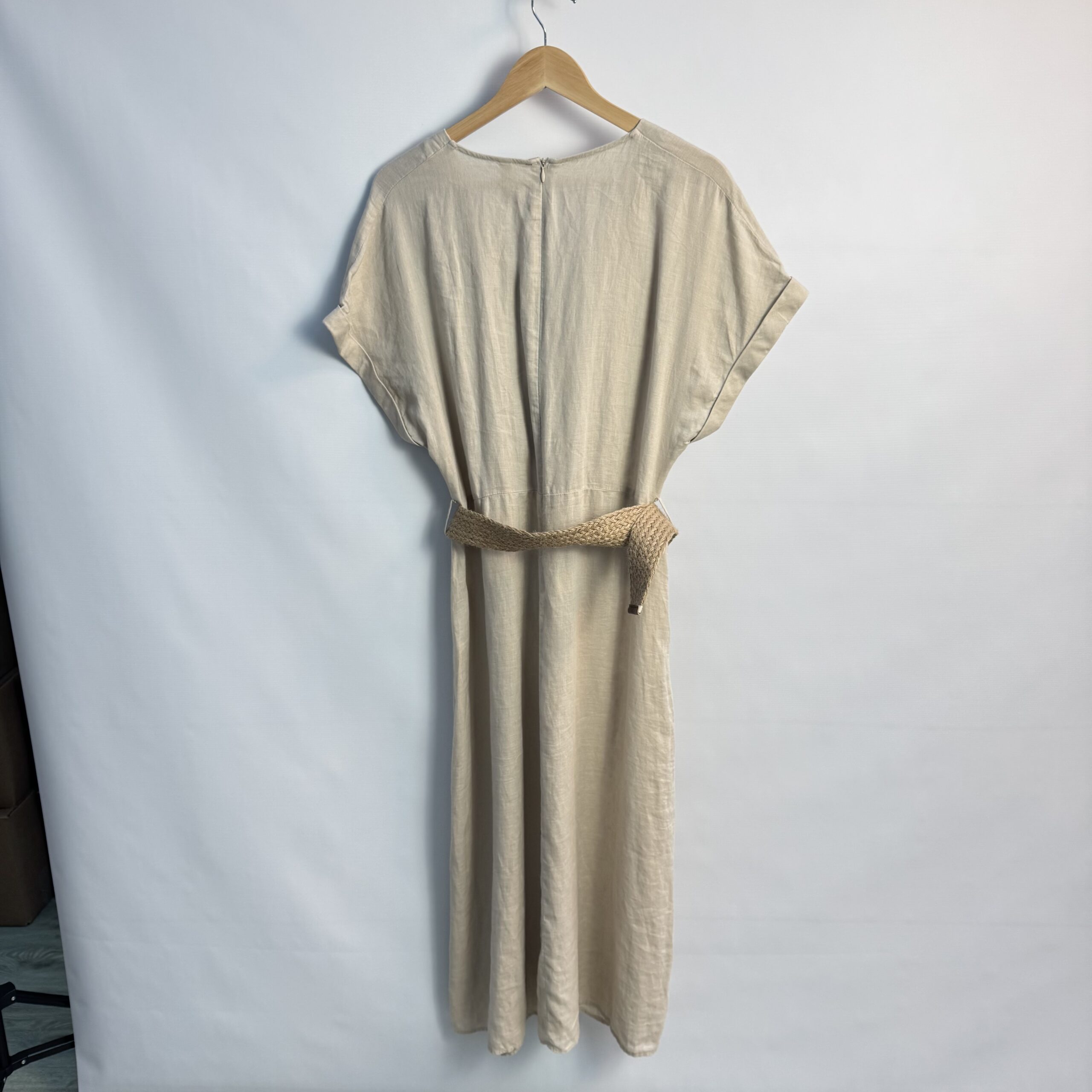 MNG Mango Beige Linen Blend Midi Dress UK 12 Belted V-Neck Neutral Occasion - Image 2