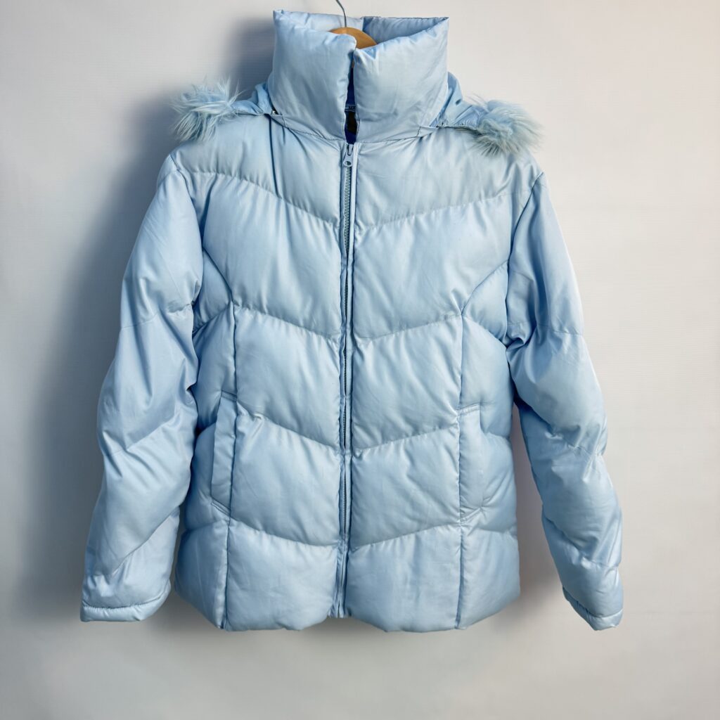 Scorpio Pale Blue Vintage Y2K Puffer Coat UK 14 Faux Fur Hood Name Tag To Remove