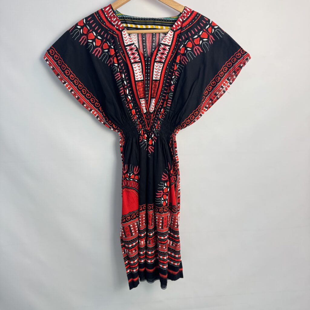 Black Red Tribal Print Kaftan Midi Dress One Size Smocked Waist Boho Autumn