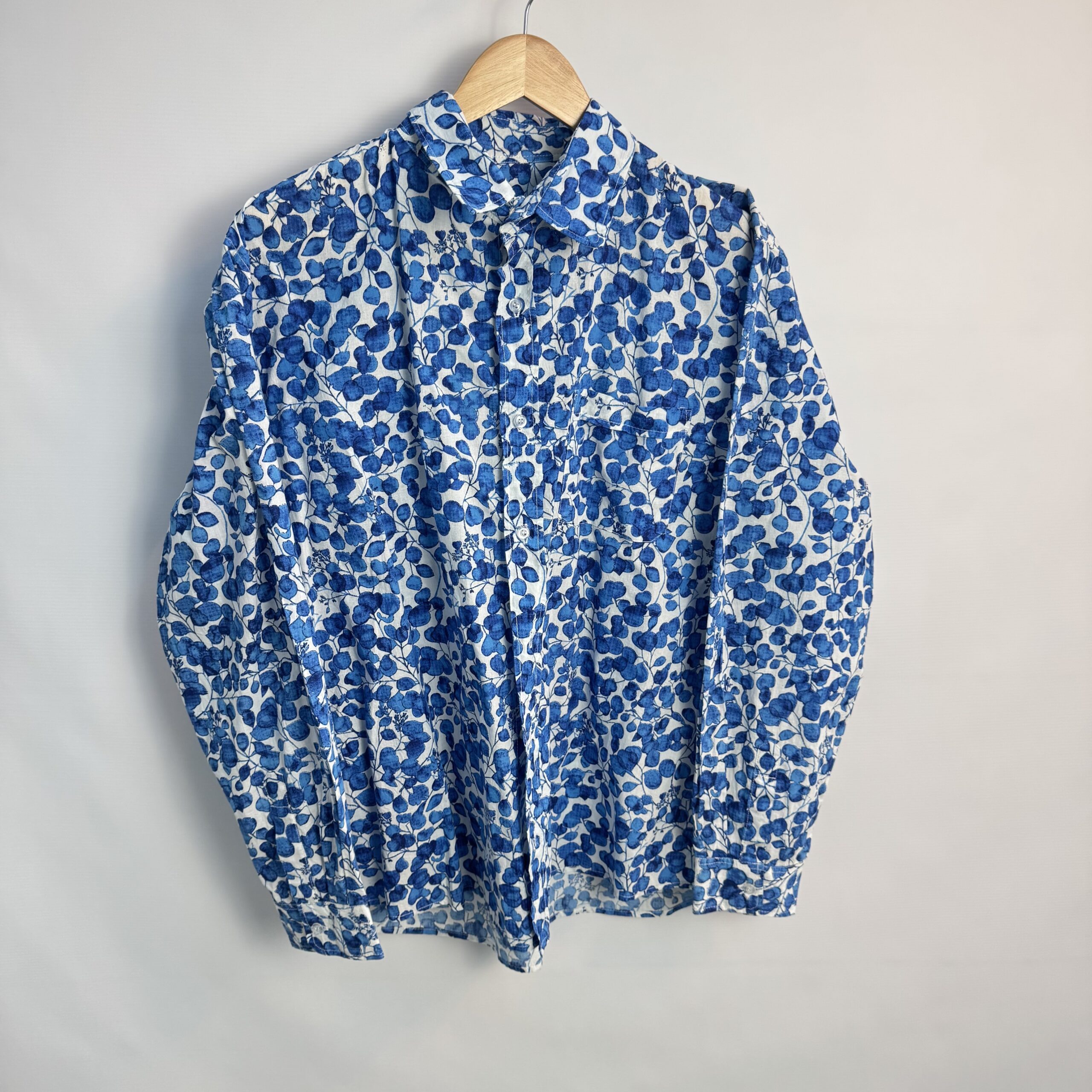 Blue Eucalyptus Leaf Print Shirt White Cotton Long Sleeve Relaxed Fit UK 12–14