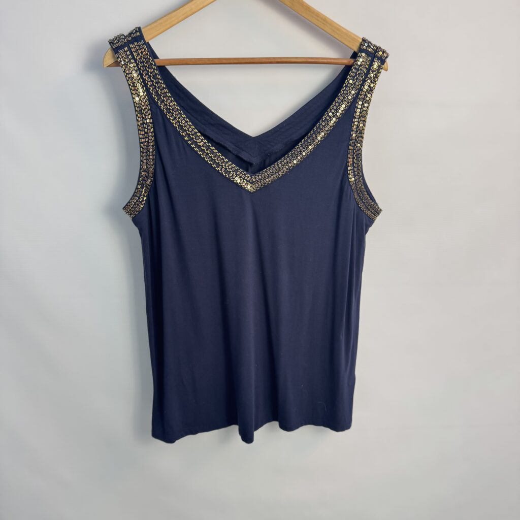 Next Navy Blue Embellished Vest Top UK 12 Gold Beaded V-Neck Sleeveless