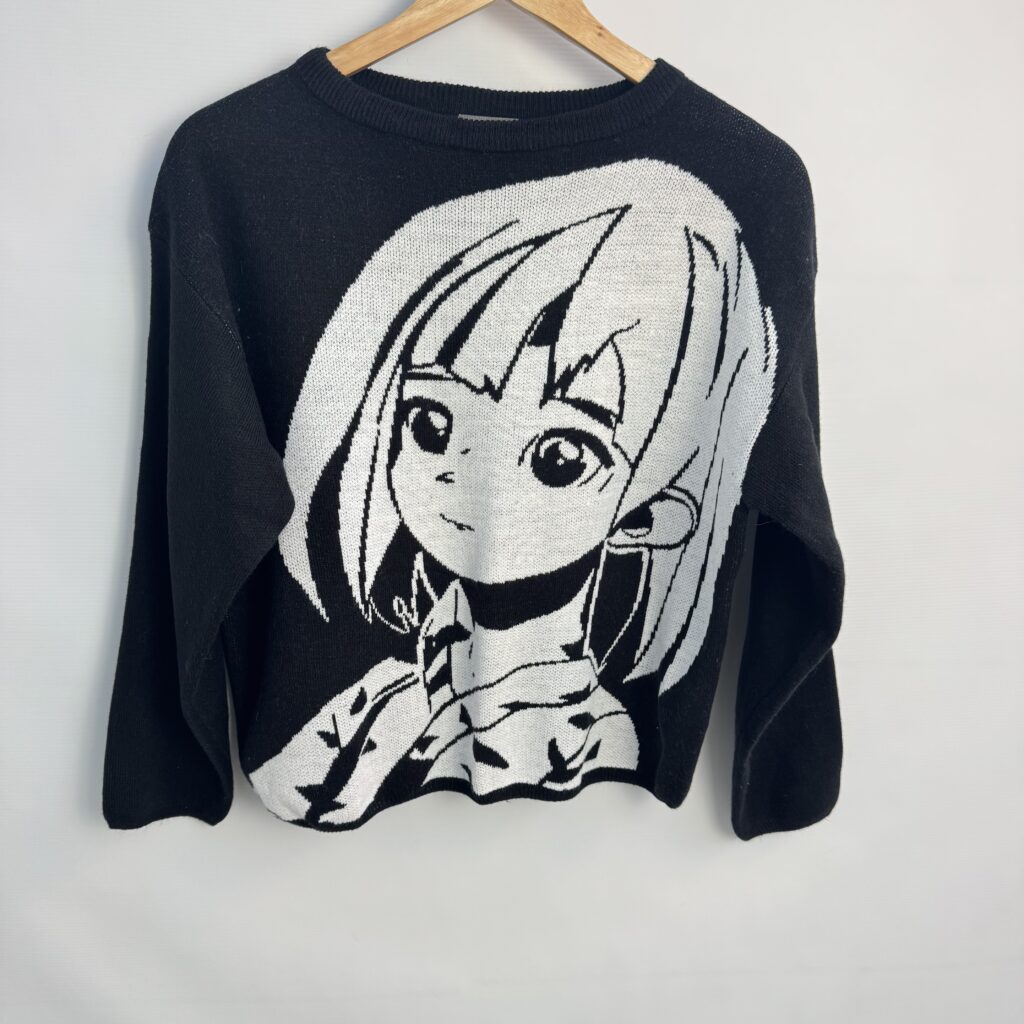 Destination Anime Girl Jumper 13–14 Yrs Black White Knit Crew Neck Long Sleeve