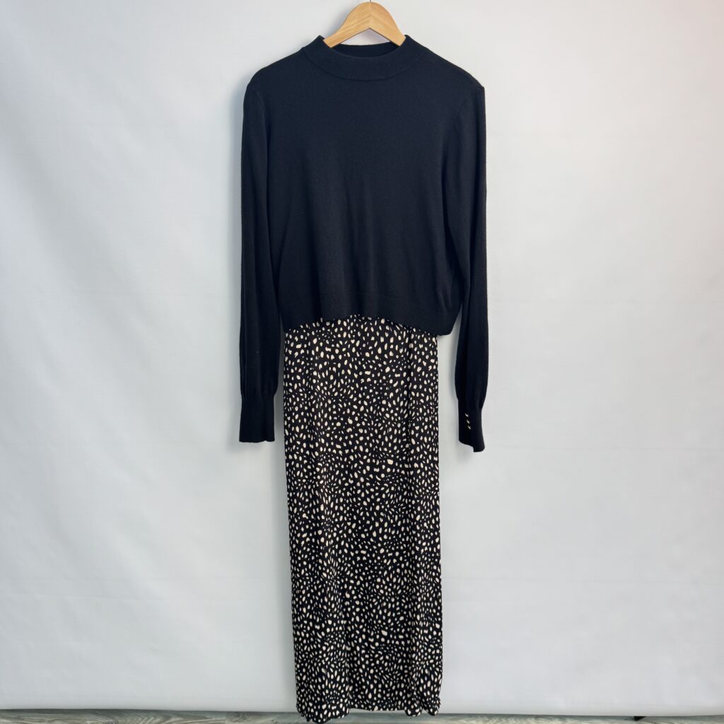 Forever New 2-Piece Set - Black Knit Crop + Vermont Spot Midi Dress - UK 12