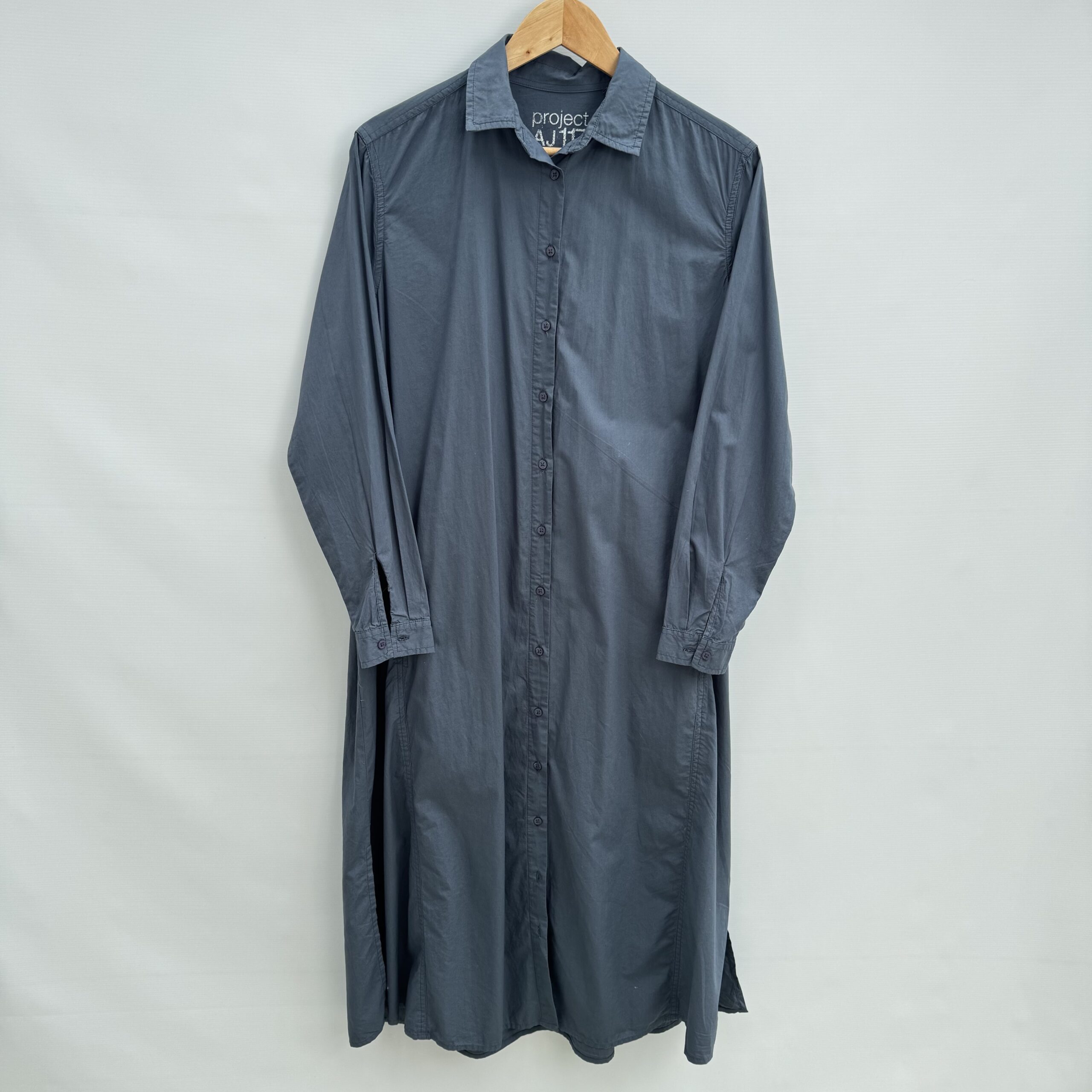 Project AJ117 Helene Slate Grey Organic Cotton Maxi Shirt Dress UK 12–14