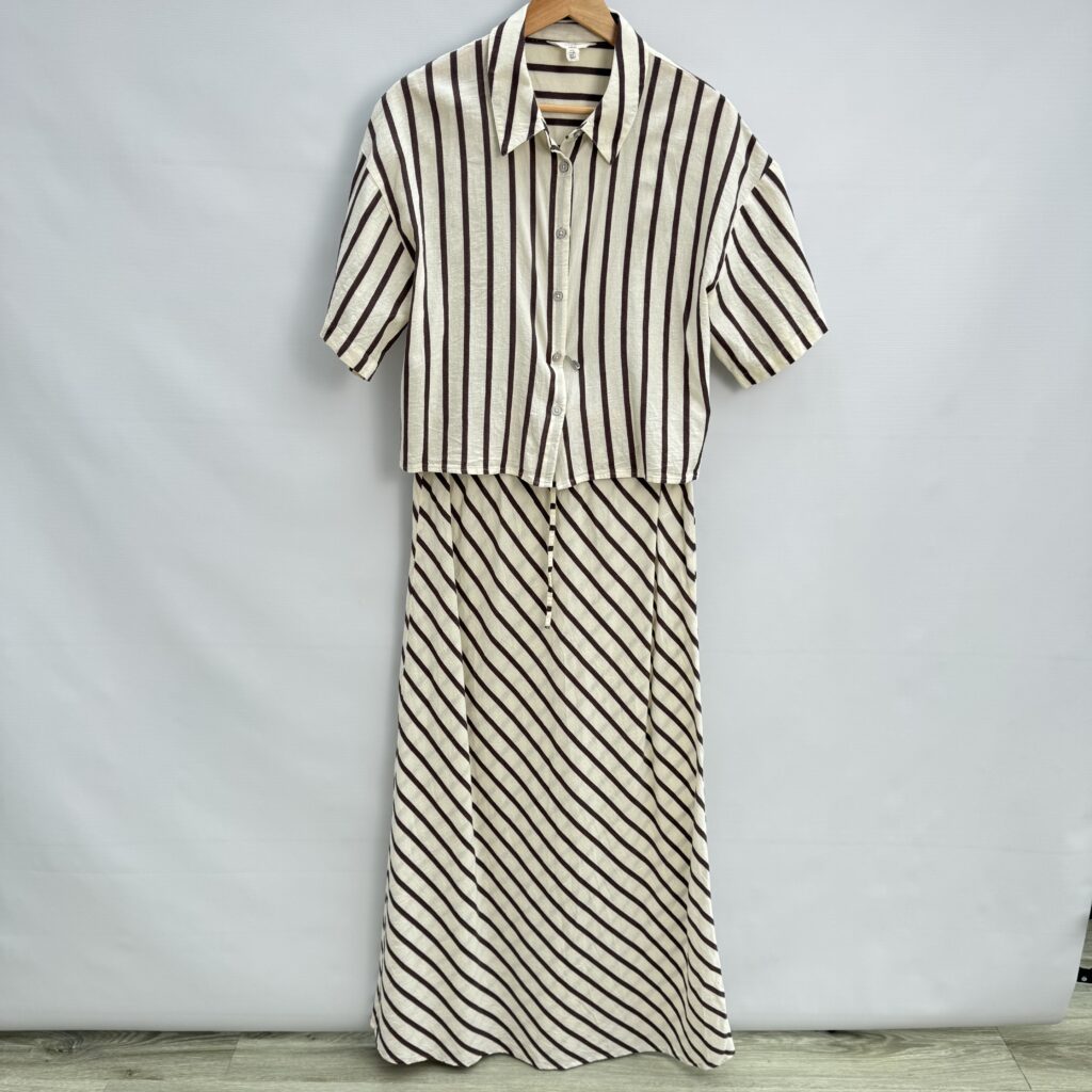 Next Linen Blend 2-Piece Set Cream Brown Stripe Cropped Shirt & Maxi Skirt UK 12