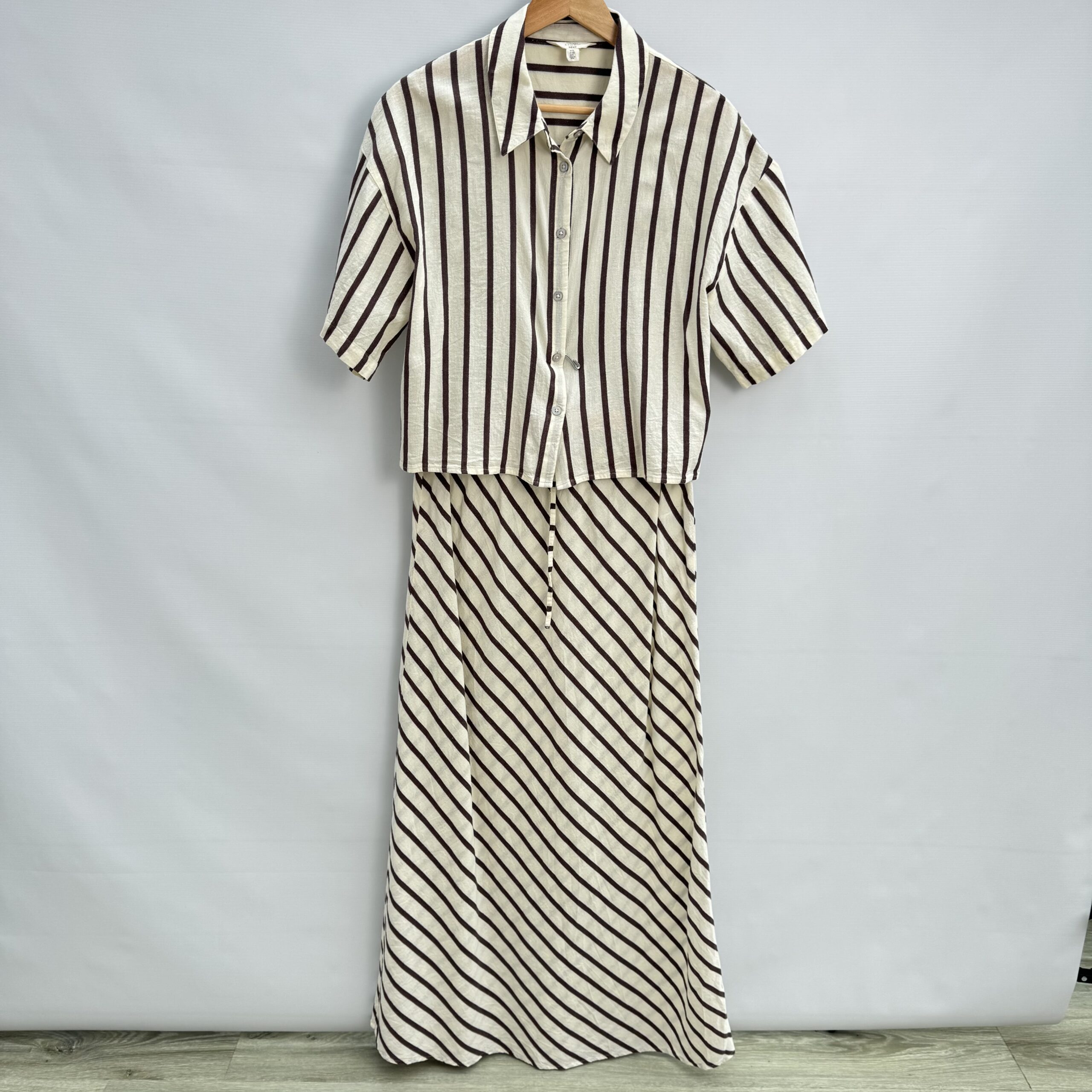 Next Linen Blend 2-Piece Set Cream Brown Stripe Cropped Shirt & Maxi Skirt UK 12