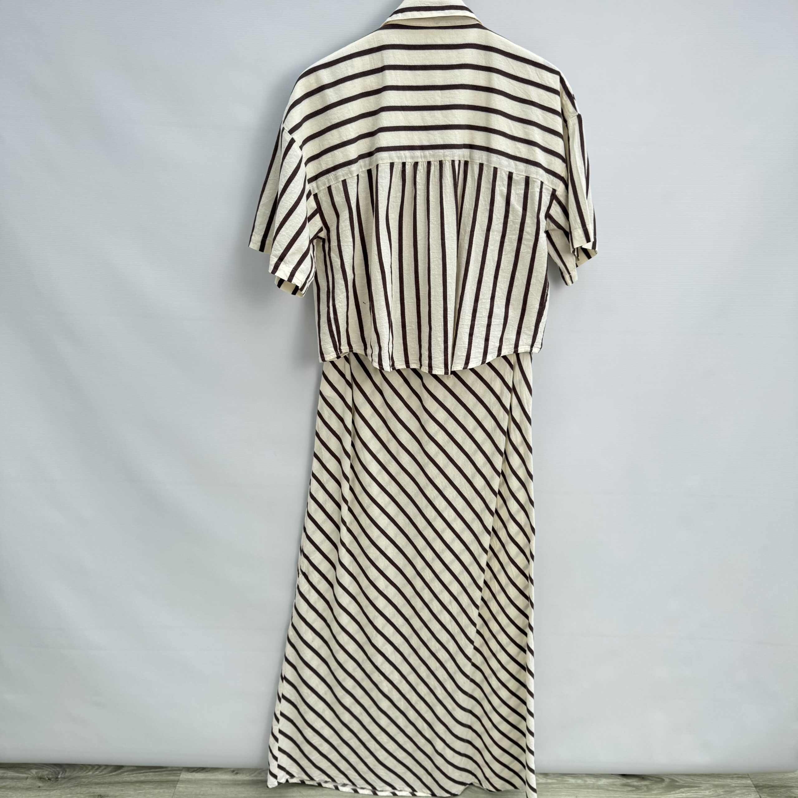 Next Linen Blend 2-Piece Set Cream Brown Stripe Cropped Shirt & Maxi Skirt UK 12 - Image 2