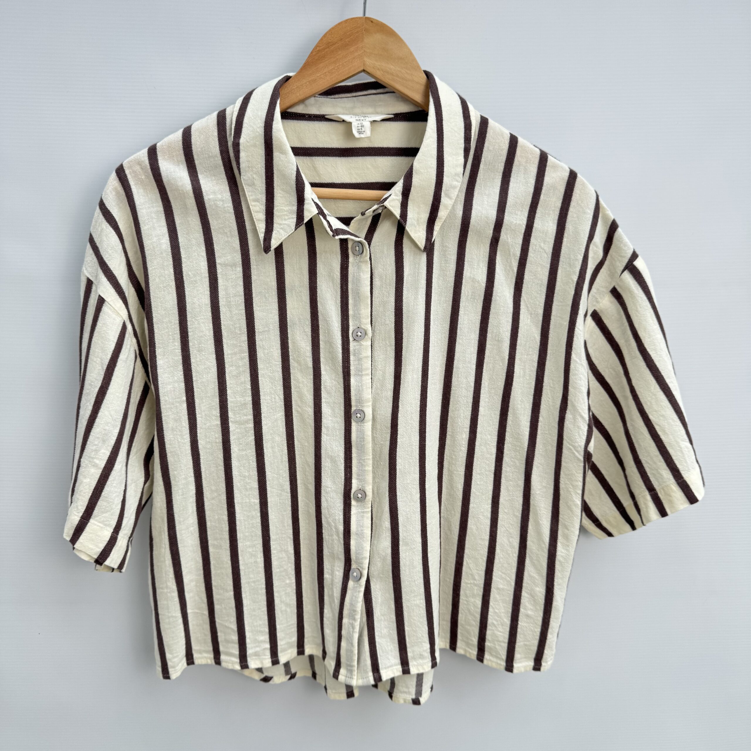 Next Linen Blend 2-Piece Set Cream Brown Stripe Cropped Shirt & Maxi Skirt UK 12 - Image 5
